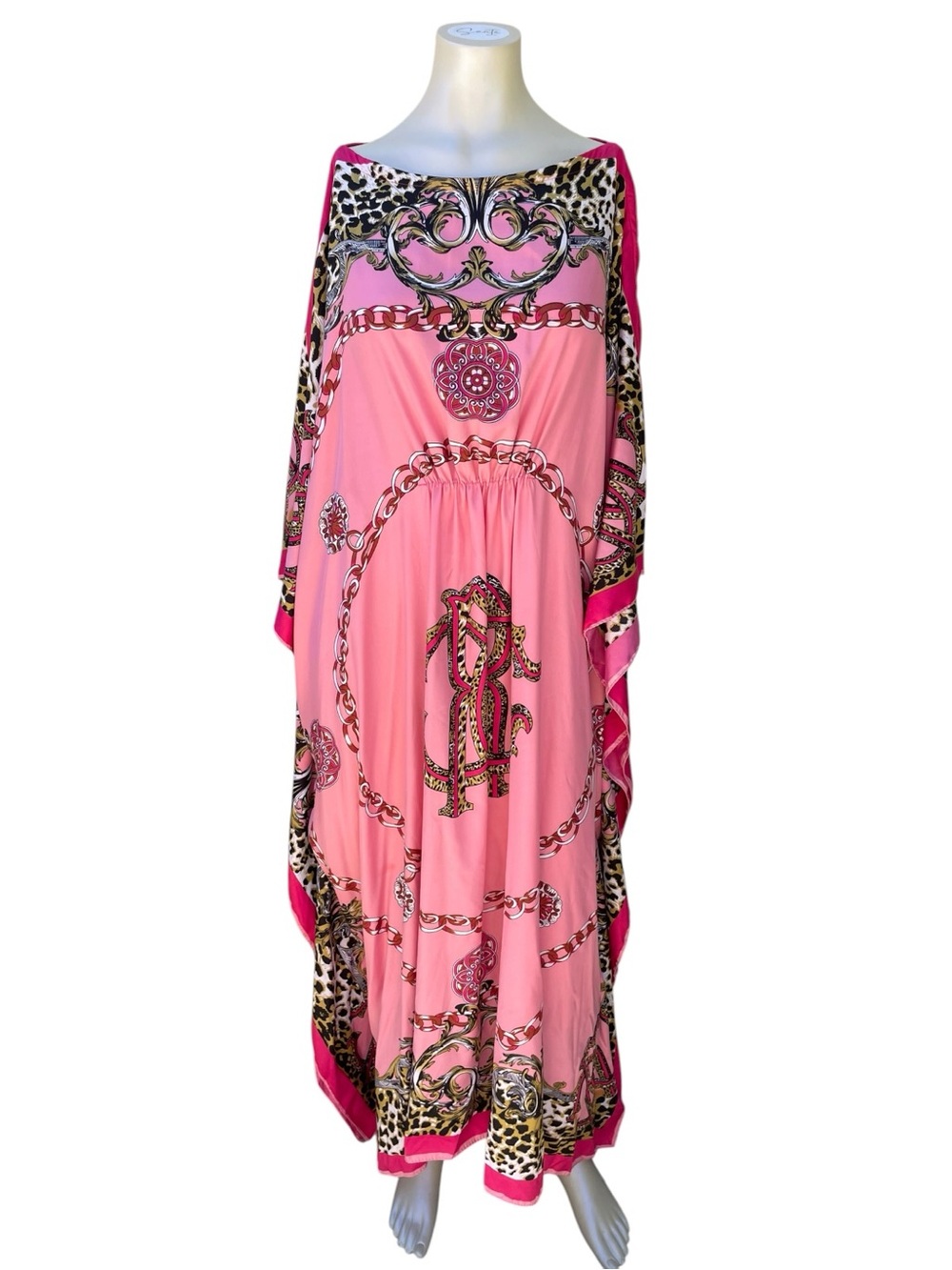 California Caftans 100% Silk Maxi Kaftan Pink Leopard Baroque One Size